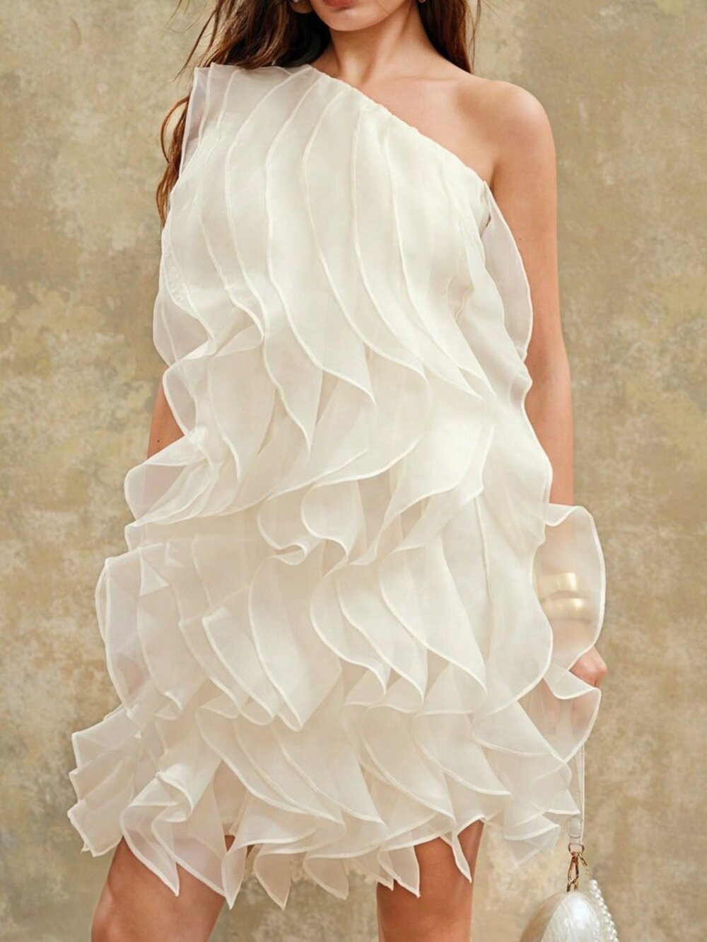 White Elegant One-Shoulder Women's Chiffon Party Dress with Ruffle Tiered Skirt - Picture 6 of 8
